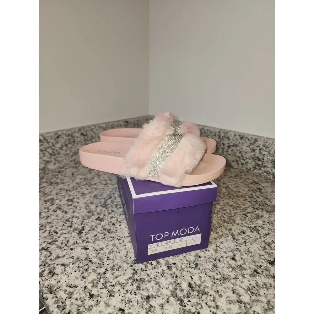 Top Moda CAB-36 Blush Faux Fur Rhinestone Sandals